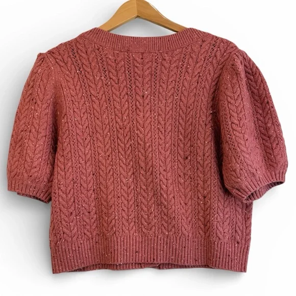 LOFT Puff Sleeve Cable Knit Cardigan XL Rose Tweed Coquette Cozy - Picture 2 of 4